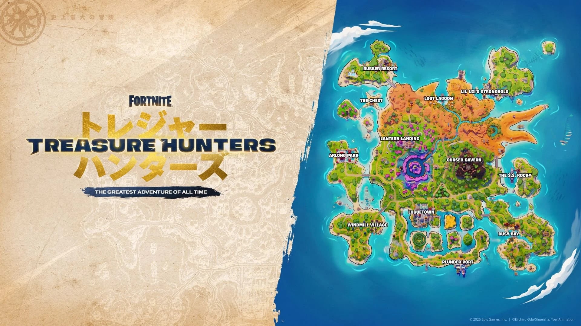 Official Crossbones Isle map. Clockwise from the top left it labels Rubber Resort, Loot Lagoon, Lil' Uzi's Stronghold, The $.$. Rocky, Busy Bay, Plunder Port, Loguetown, Windmill Village and Arlong Park, with The Chest, Lantern Landing and Cursed Cavern further in.