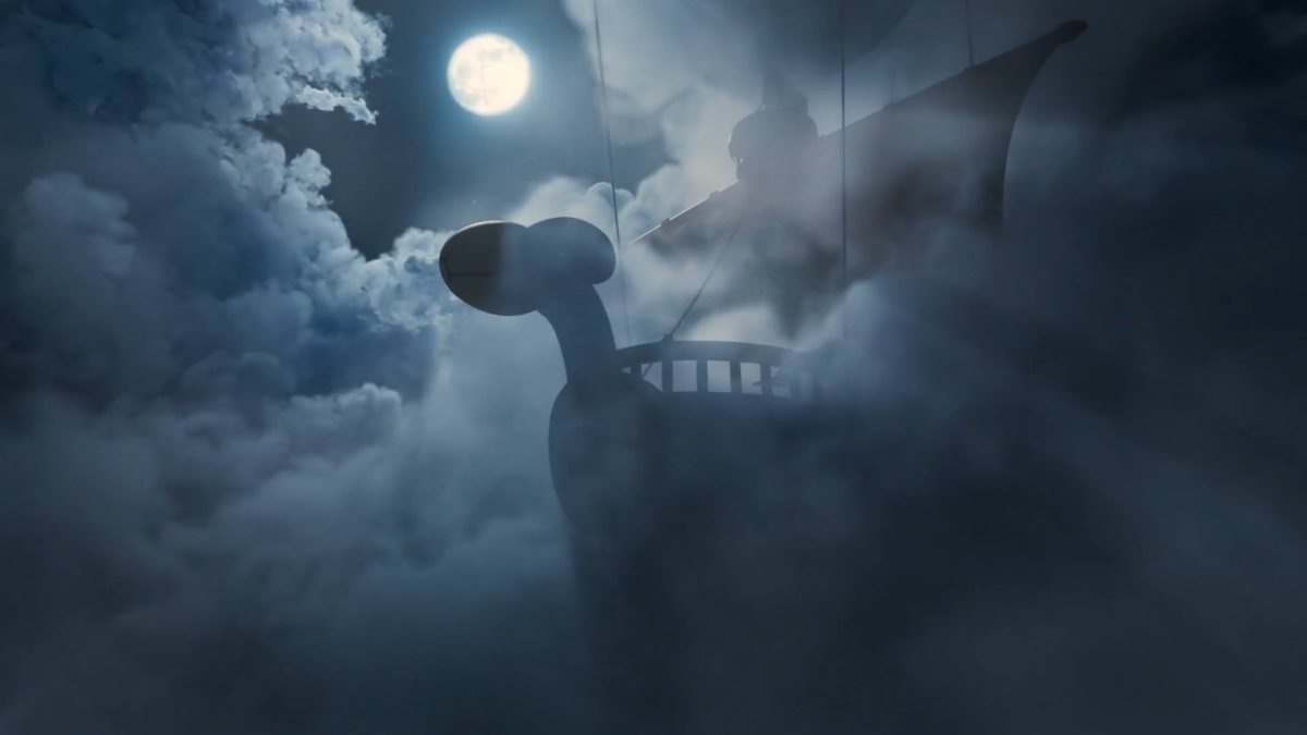 The Going Merry, the Straw Hat Pirates' ship with a sheep's-head figurehead, sailing through misty clouds under a full moon.