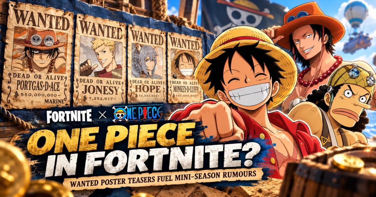 Fan-made thumbnail. Wanted posters for Ace, Jonesy, Hope and Luffy hang on a pirate ship wall, beside drawings of Luffy, Ace and Usopp. Text reads: One Piece in Fortnite? Wanted poster teasers fuel mini-season rumours.
