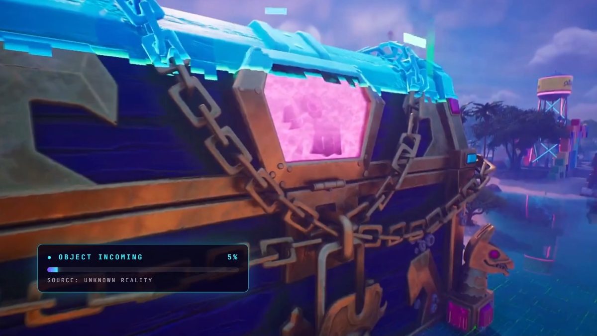 The giant pirate chest in Fortnite, wrapped in chains with a glowing pink window, next to the sea. An on-screen panel reads "Object incoming, 5%, source: unknown reality".