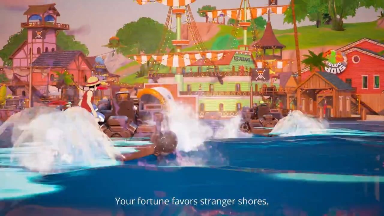 Luffy speeds across blue water towards a colourful waterfront town with red roofs, bunting, a restaurant and a Buoy Bois sign, throwing up huge sprays of white water.