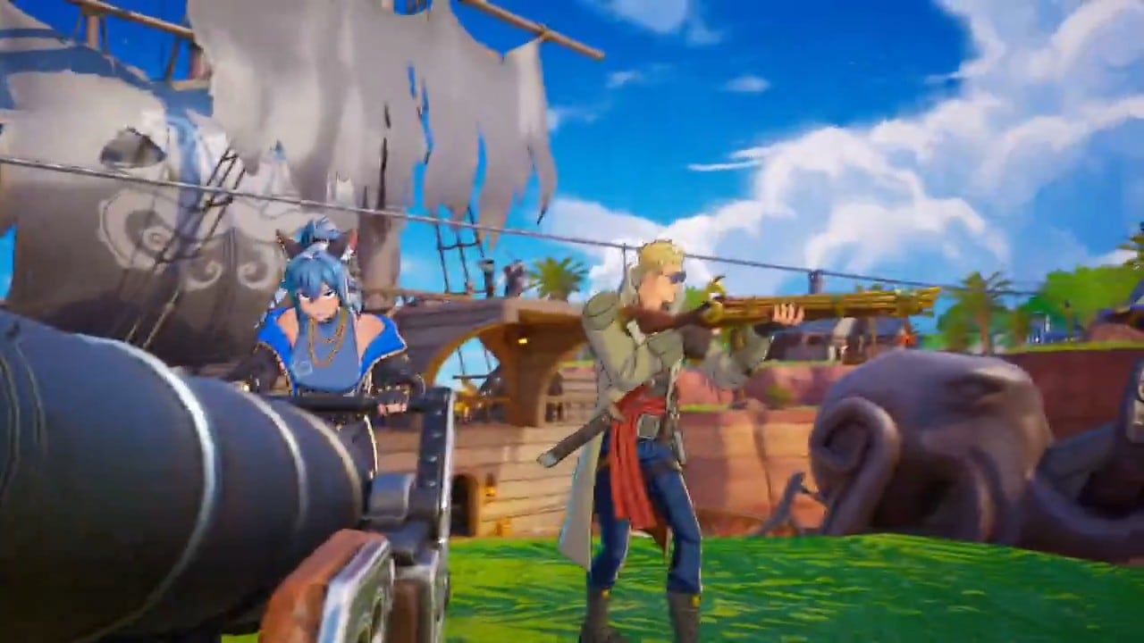 A large cannon in the foreground, with Hope and Jonesy in new outfits behind it, a grey-sailed pirate ship and a giant octopus shape in the background.