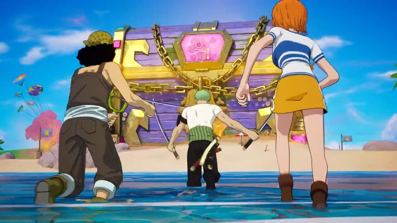 Usopp, Zoro and Nami wade through shallow water towards the giant chained chest, which has a skull and pink gems on it.