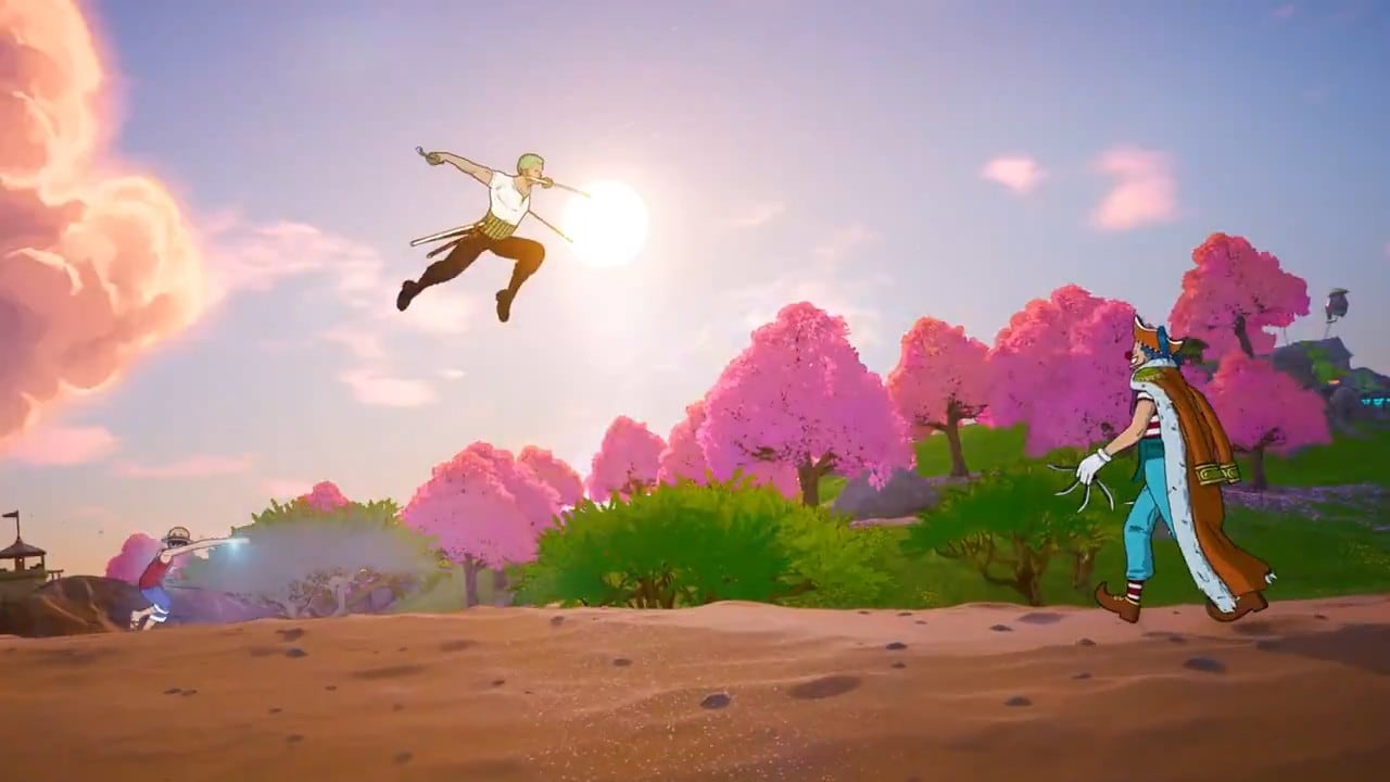 Zoro leaps through the air over a sandy desert towards Buggy, with Luffy far behind and pink trees in the distance.