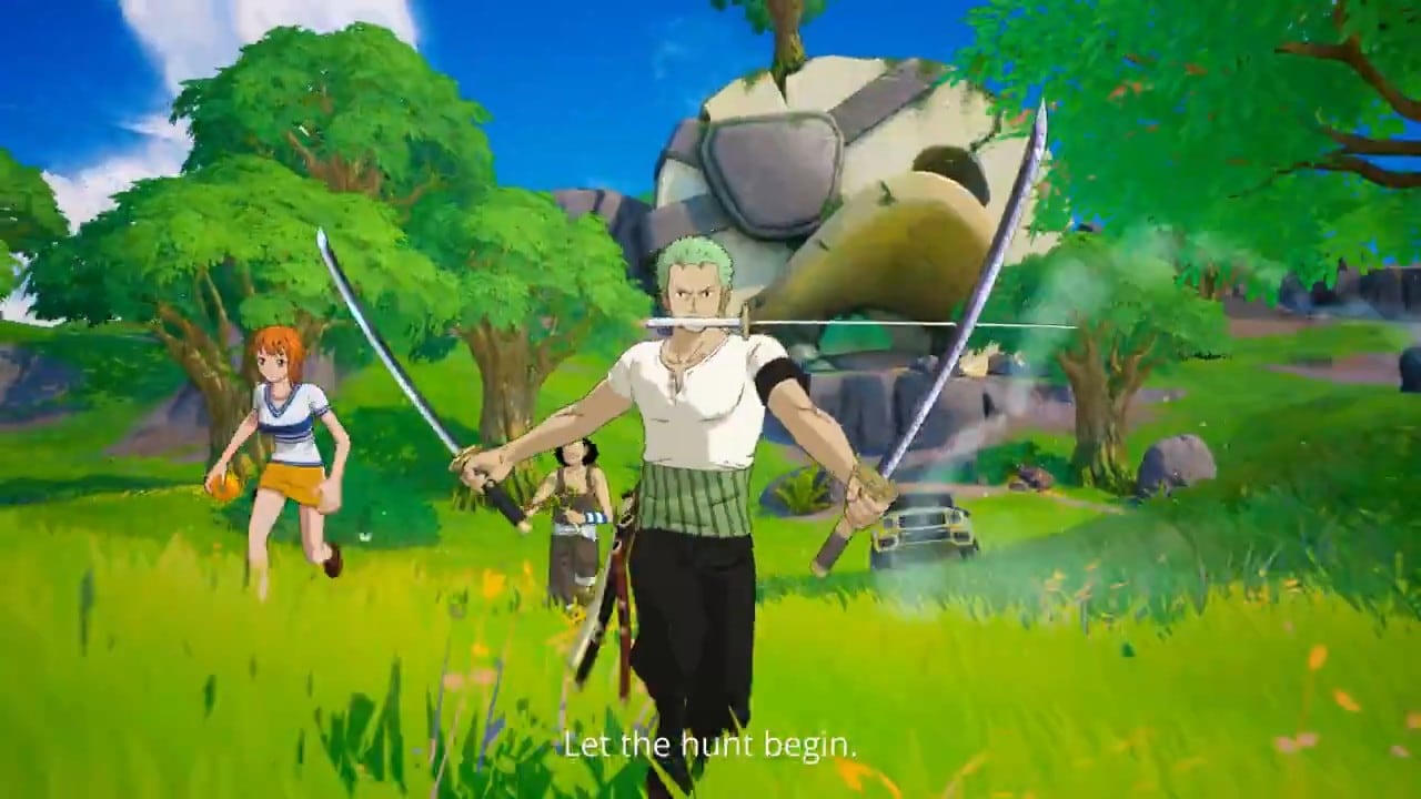 Zoro runs through long grass with three swords, followed by Nami and Usopp. Behind them is a giant stone duck head wearing an eyepatch.