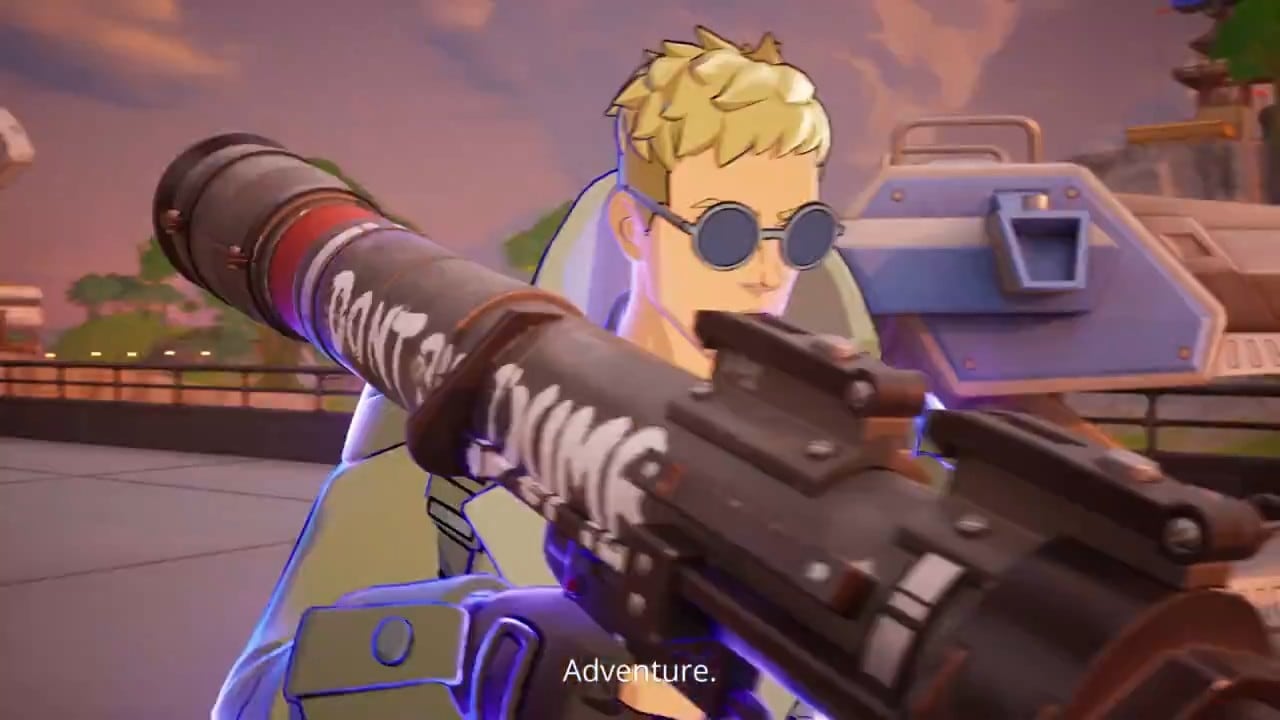Anime-style Jonesy in round sunglasses holds a rocket launcher with the words Don't Be Dumb painted on it, with a blue and grey cannon behind him.