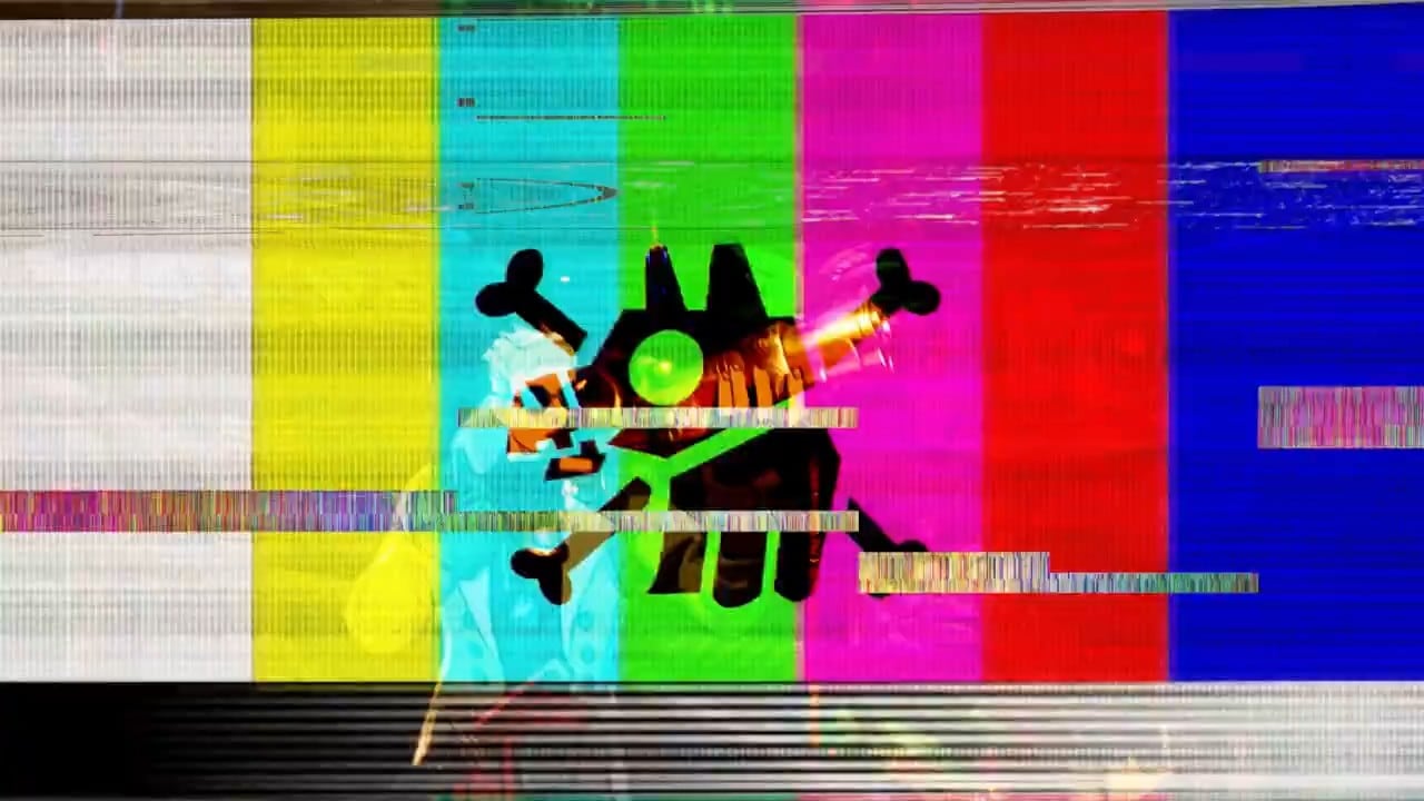 Television colour bars with a black and cyan pirate logo glitching across the middle of the screen.