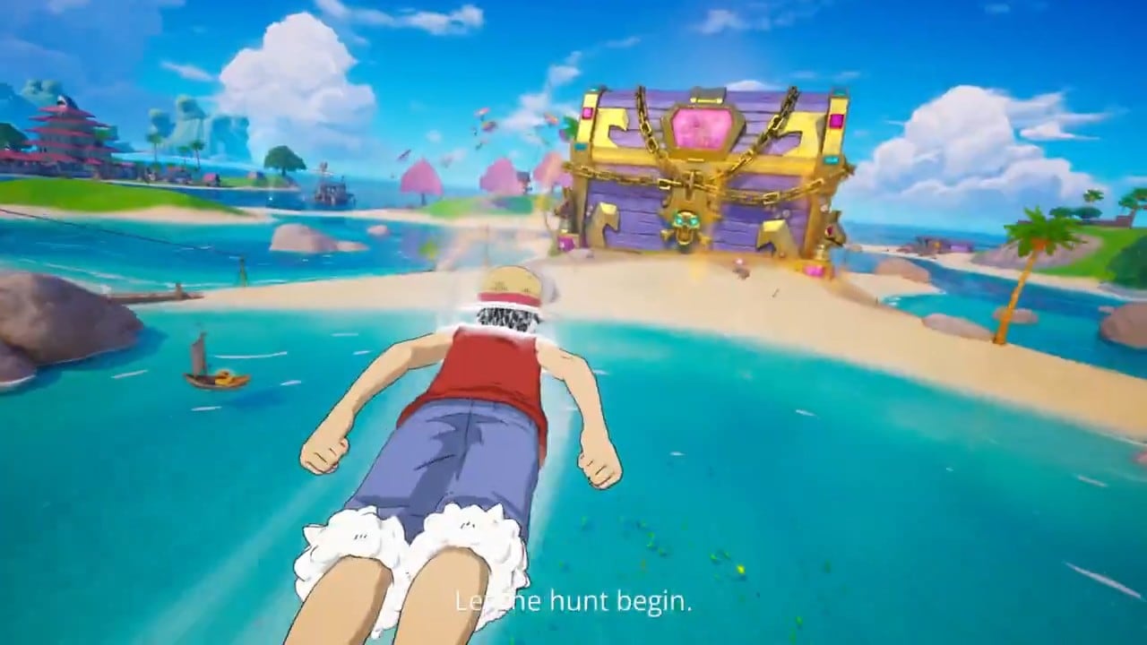 Luffy flies low over shallow turquoise water towards a beach, with the giant chest in the distance.