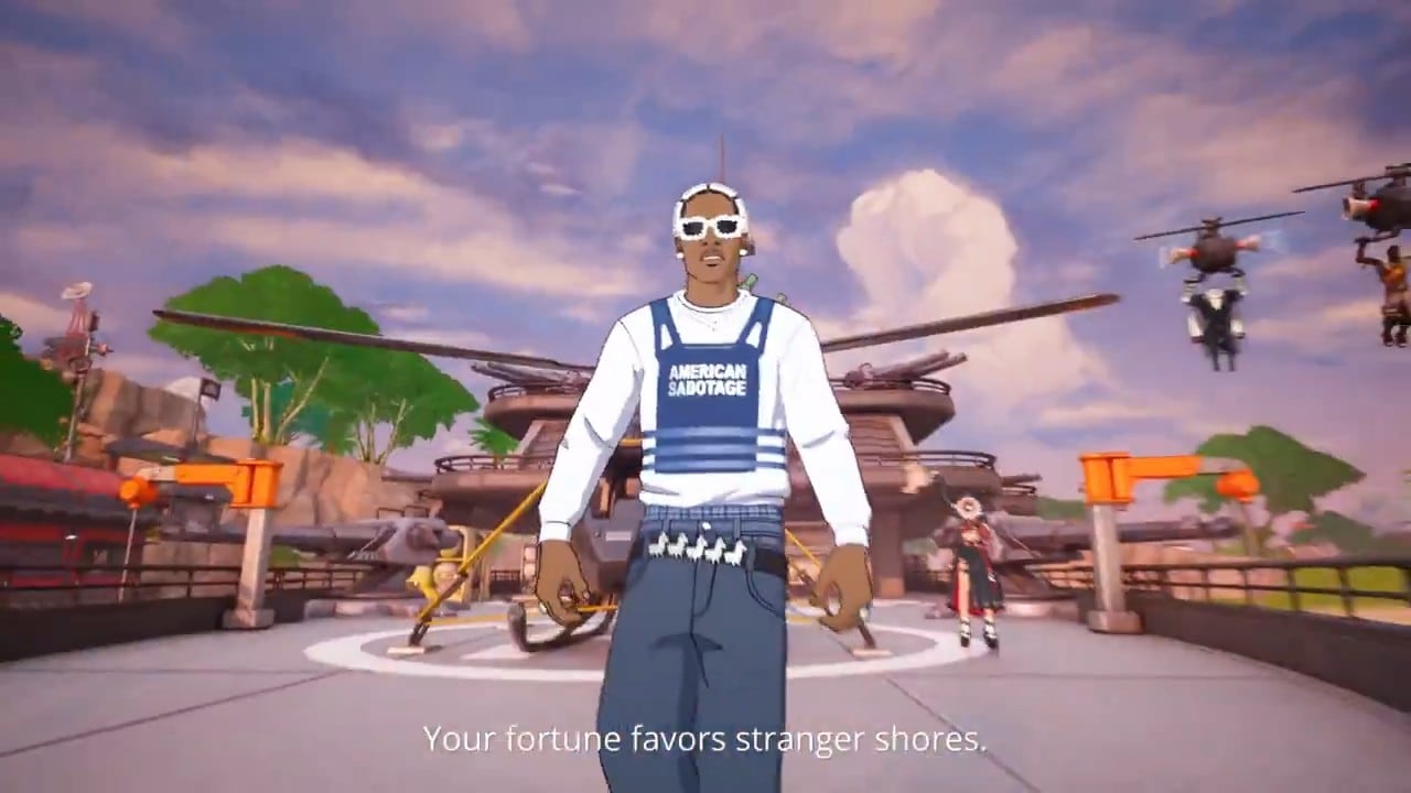 A$AP Rocky stands on the deck of a battleship in white sunglasses and blue overalls reading American Sabotage, with helicopters and cannons behind him.