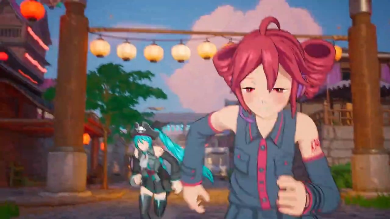 Kasane Teto runs towards the camera down a lantern-lit stone street, with Hatsune Miku in a pirate hat running behind her.