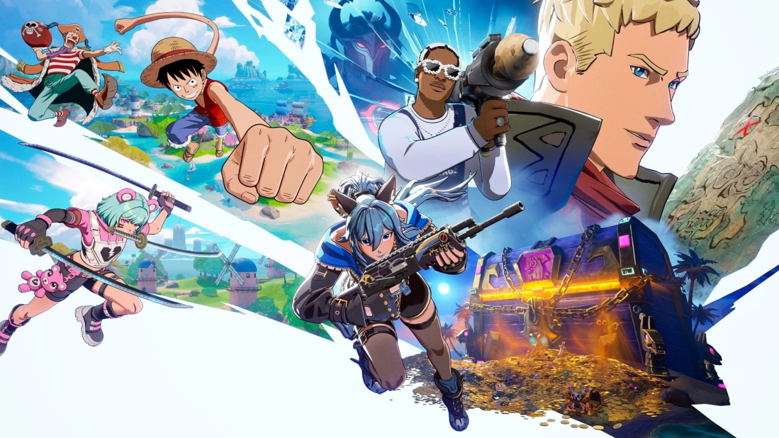 Treasure Hunters key art in shattered panels. Luffy throws a punch with Buggy behind him, A$AP Rocky aims a rocket launcher, Jonesy looks on, two anime-style fighters leap forward, and a chained chest glows above a pile of gold.