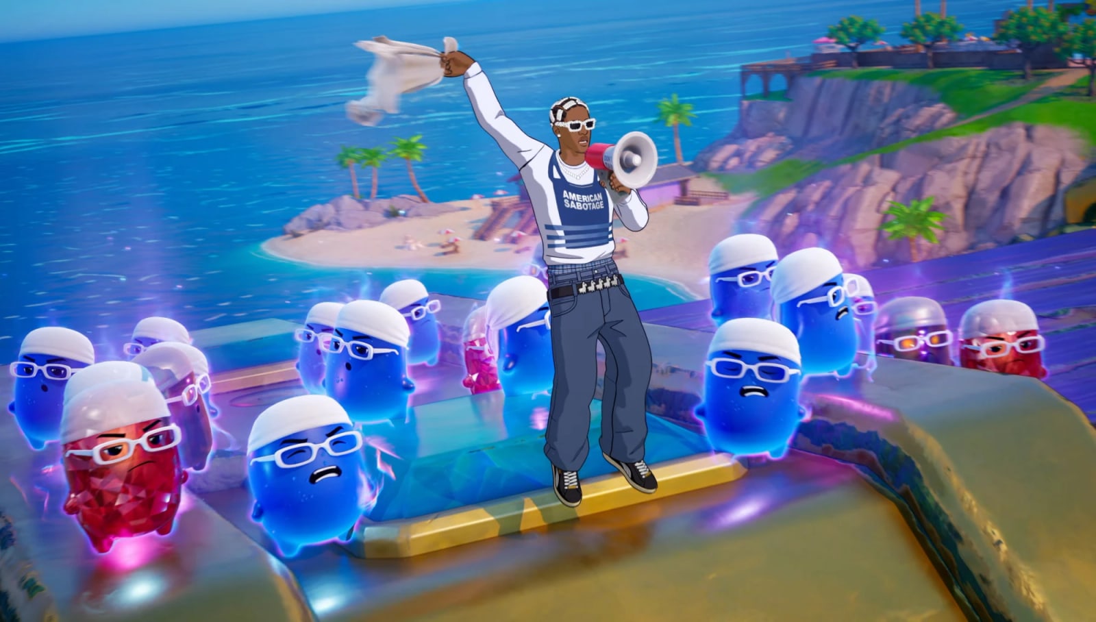 A$AP Rocky stands on a gold ledge above the sea, shouting into a megaphone and waving a white cloth, surrounded by small blue and red Sprites wearing white headscarves and glasses.