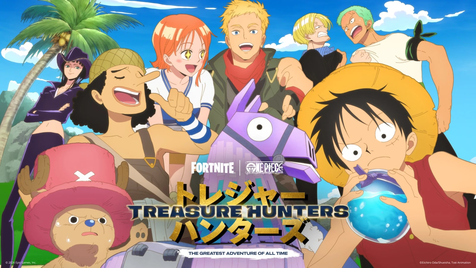 Official Fortnite x One Piece art. Luffy drinks a blue potion in the foreground beside a purple loot llama, while Chopper, Usopp, Nami, Jonesy, Nico Robin, Sanji and Zoro crowd around him under a palm tree. The Treasure Hunters logo sits in the centre.