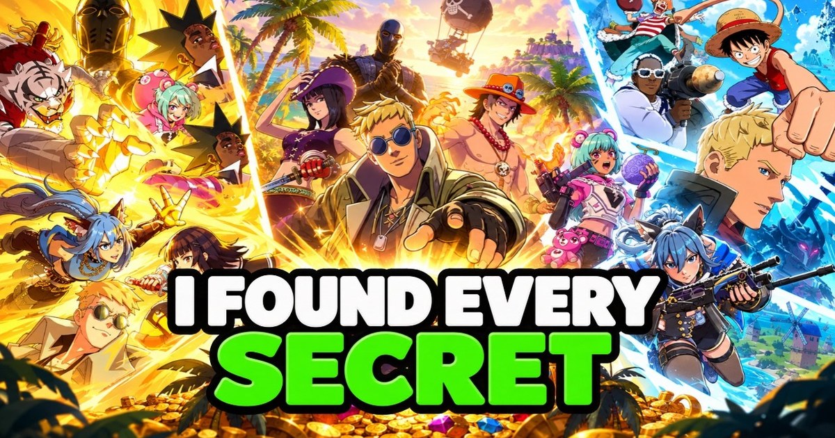 Fan-made thumbnail of Treasure Hunters characters, including Jonesy, Ace, Nico Robin, Luffy, A$AP Rocky and Captain X, in gold and blue panels above a pile of treasure. Large text reads: I found every secret.
