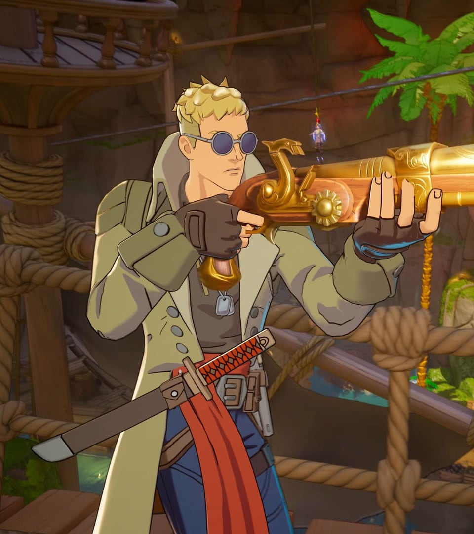 An anime-style Jonesy in round sunglasses and a long beige coat aims a golden flintlock rifle, with a katana and a red sash at his waist, on a rope bridge between treehouses.