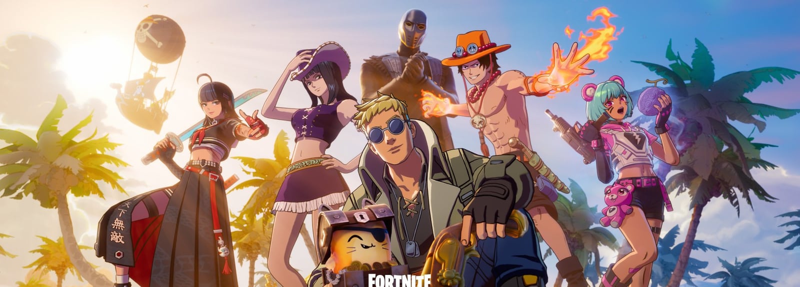 Fortnite characters on a mountain of treasure. From left: a sword fighter in a sailor uniform, Nico Robin in a purple cowboy hat, a masked figure with clasped hands, Jonesy holding a small cat in a chest, Ace with a flaming fist, and a cyan-haired girl holding a purple fruit. A hot air balloon carries a pirate ship in the sky.