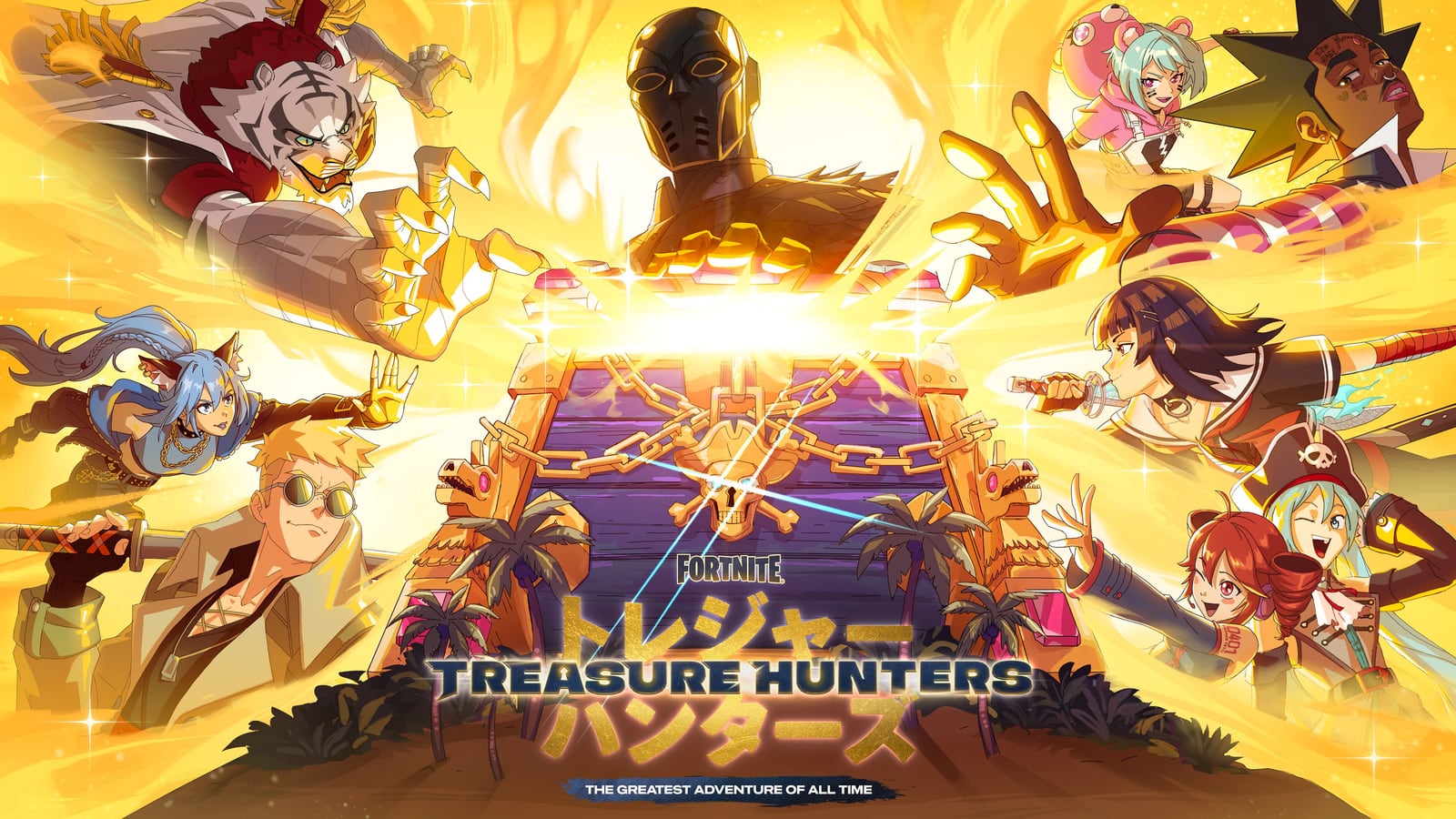 Hand-drawn anime key art drenched in gold. Characters lunge from every side towards a huge chained chest with a skull lock. A masked figure in black and gold looms above it with a giant golden hand. Blue beams cross over the skull in an X, and the chest's corners have statues with pink eyes.