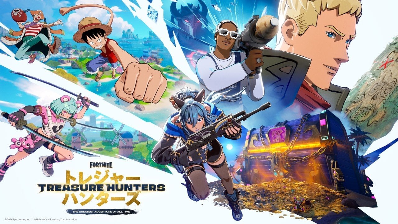 Fortnite Treasure Hunters key art. Luffy throws a punch with Buggy behind him, Jonesy and A$AP Rocky stand at the top, two anime-style fighters leap forward with a katana and a rifle, and a glowing pirate chest overflows with gold coins. The Treasure Hunters logo sits in the bottom left in English and Japanese.