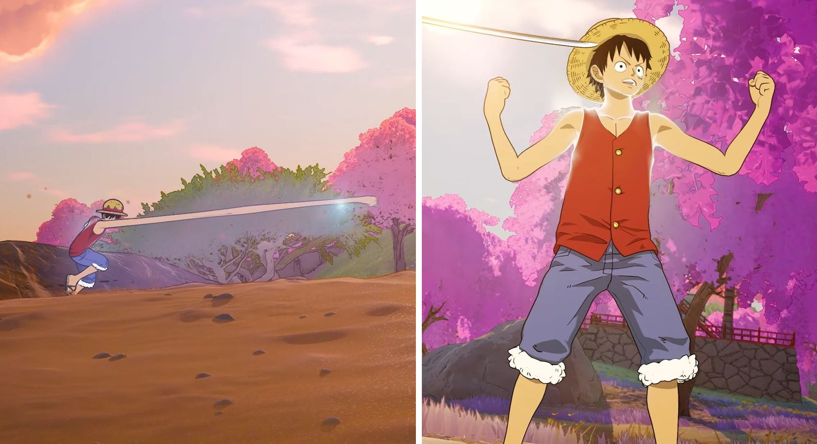 Two shots of Luffy in Fortnite. On the left, he stretches his arm across a sandy hill to land a Gum-Gum Pistol punch. On the right, he stands ready to fight in his straw hat, red vest and blue shorts under bright pink trees.