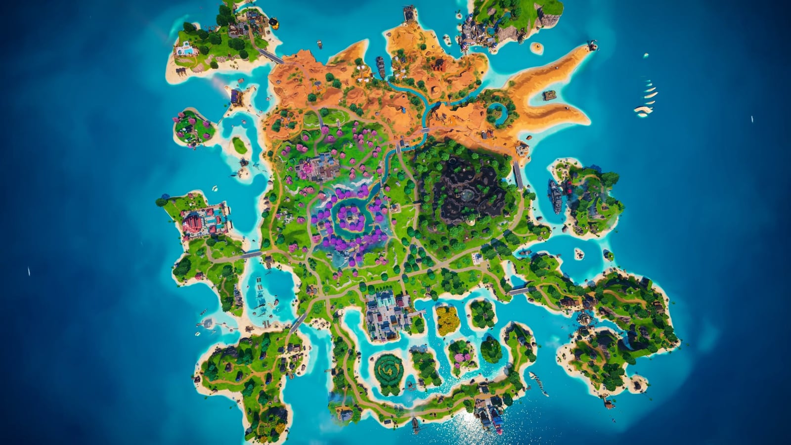The new Fortnite Treasure Hunters island seen from above. An orange desert covers the north, a ring of pink and purple trees sits in the centre beside a dark crater, and green islands, beaches and ships surround the coast.