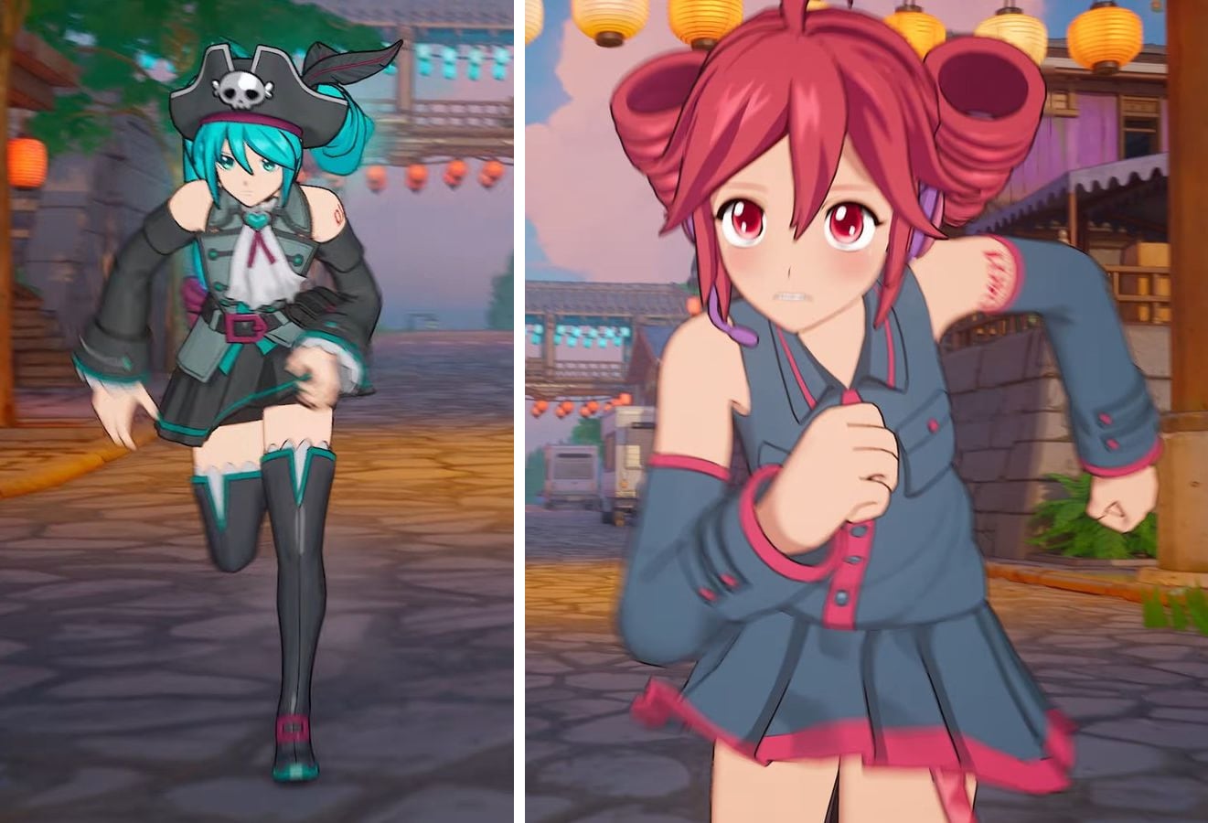 Two shots side by side. On the left, Hatsune Miku runs down a lantern-lit street in a pirate hat with a skull badge and a dark pirate coat. On the right, Kasane Teto runs towards the camera with her red hair in drill-shaped pigtails.