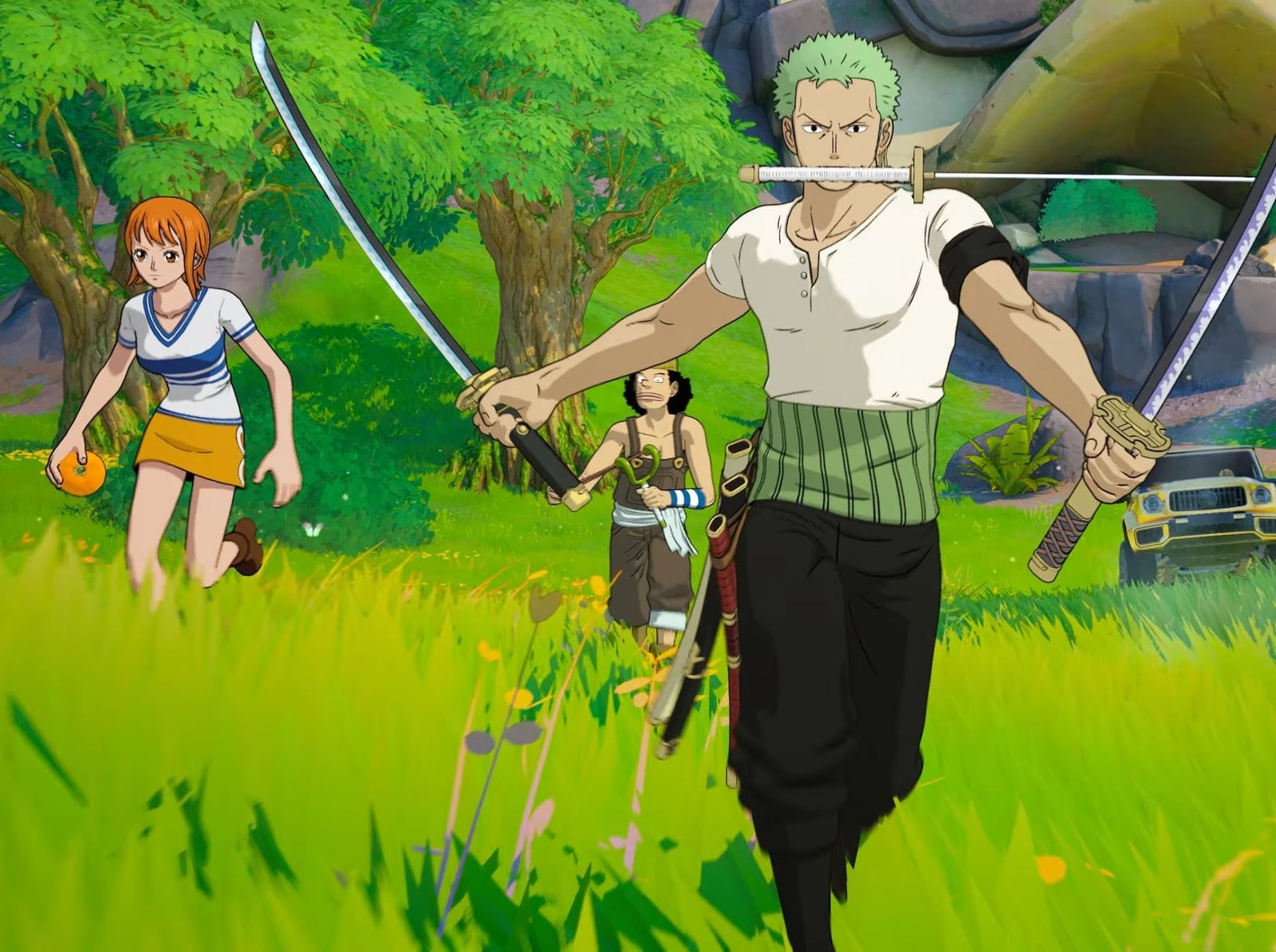 Zoro charges through long grass holding three swords, one in his mouth, with Nami holding an orange and Usopp holding his slingshot running behind him.